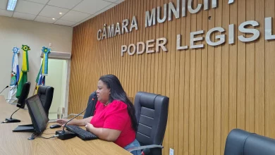 A diretora sentada à mesa apresentando o relatório