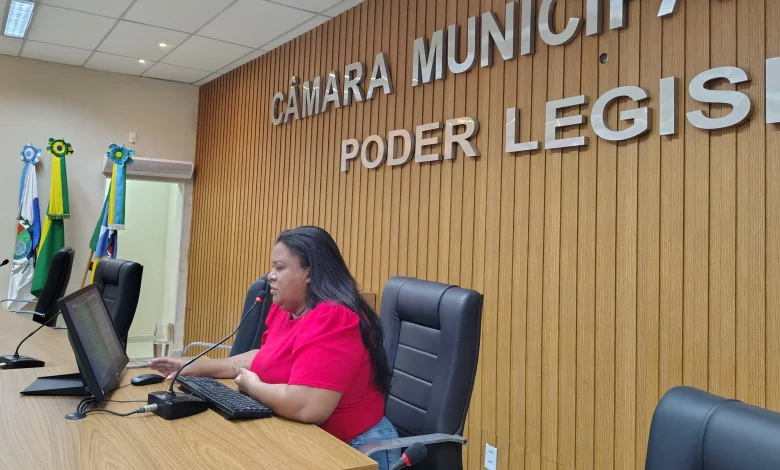 A diretora sentada à mesa apresentando o relatório