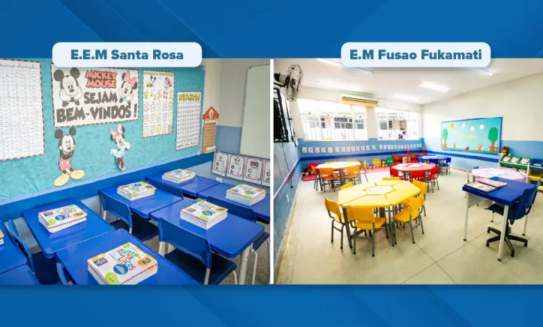 Montagem mostrando salas de aulas das escolas reinauguradas