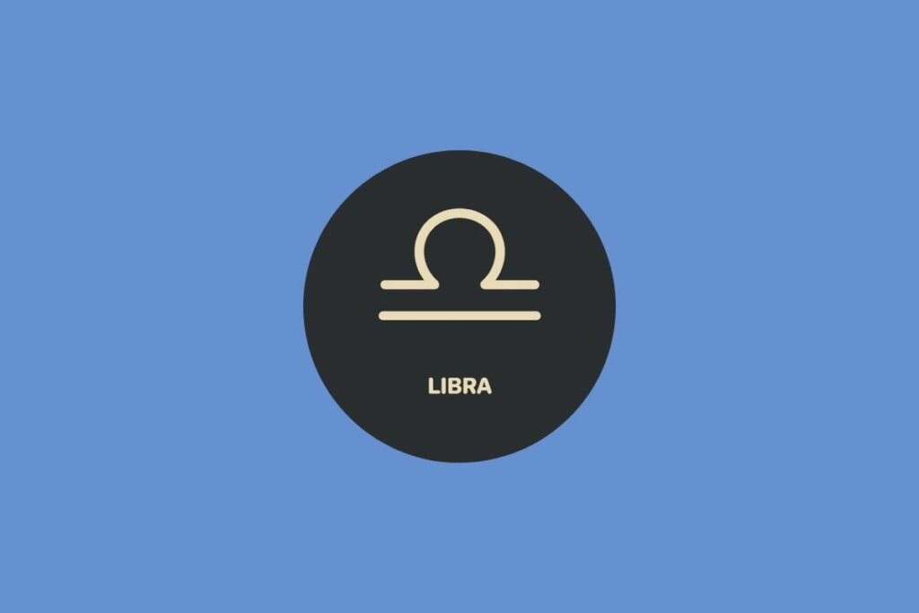 Ilustração do signo de Libra em um círculo sobre um fundo azul