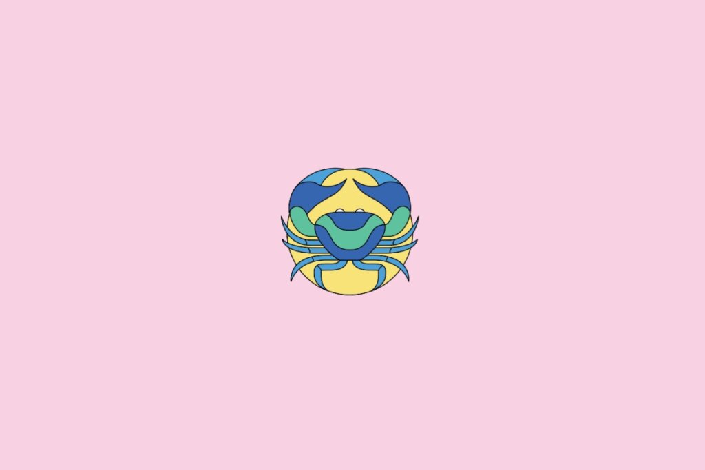 Ilustração de um caranguejo estilizado em azul, verde e amarelo com fundo rosa