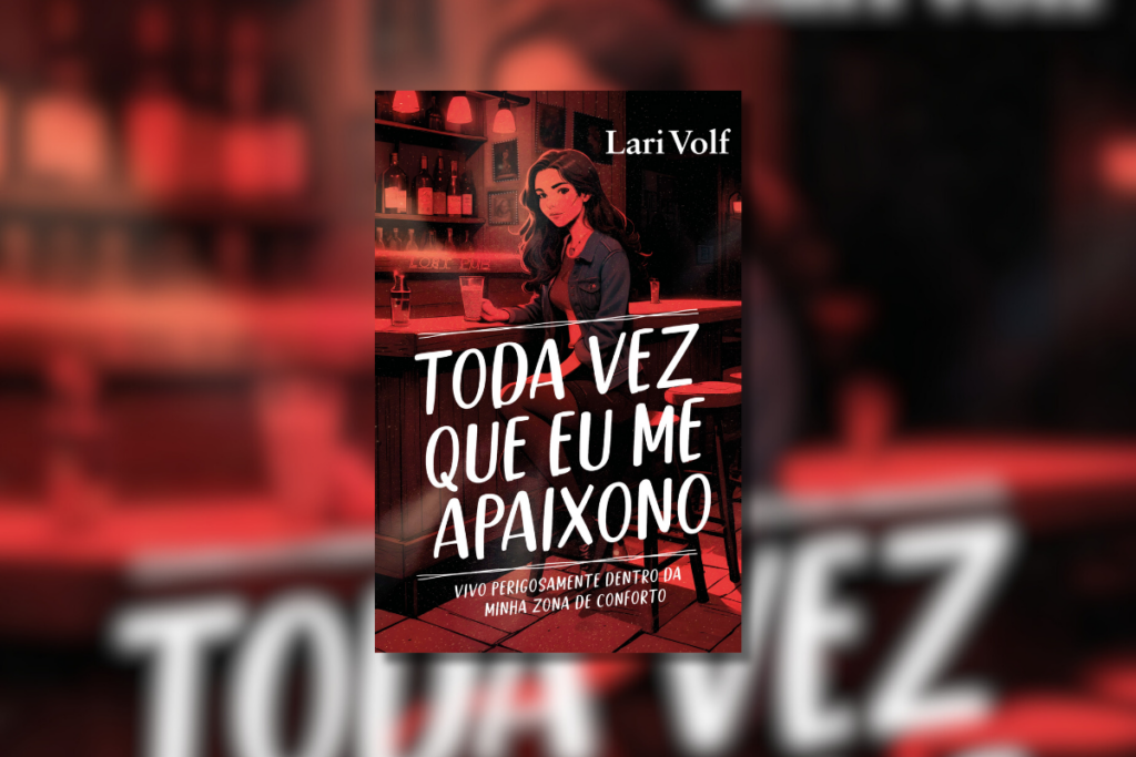 Capa de livro em tons de preto e vermelho com ilustração de uma mulher em um bar