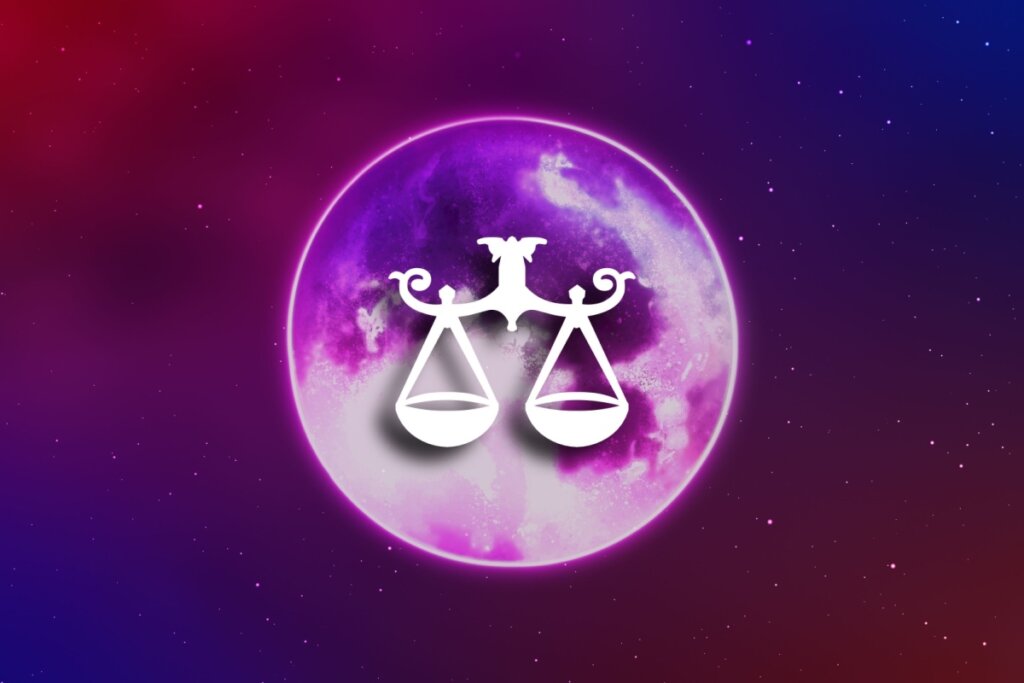 Ilustração do signo de Libra em círculo com tons roxos e rosas