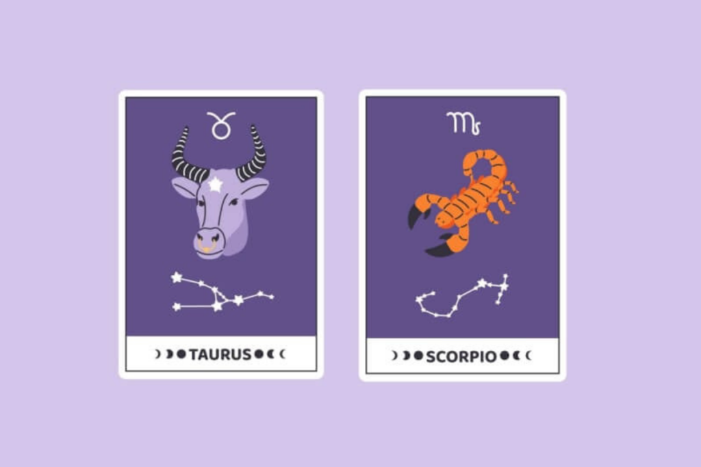 Imagem com dois quadrados e neles estão o símbolo dos signos de touro e escorpião em um fundo roxo