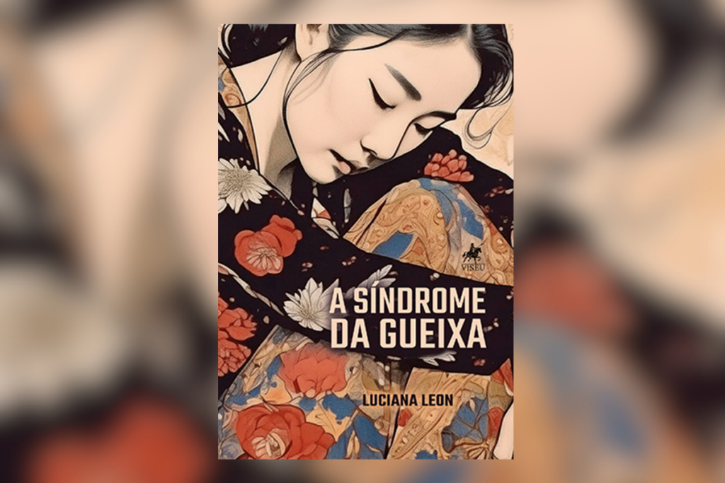 Capa do livro "A Síndrome da Gueixa", apresentando a ilustração de uma jovem de olhos fechados vestindo um quimono floral