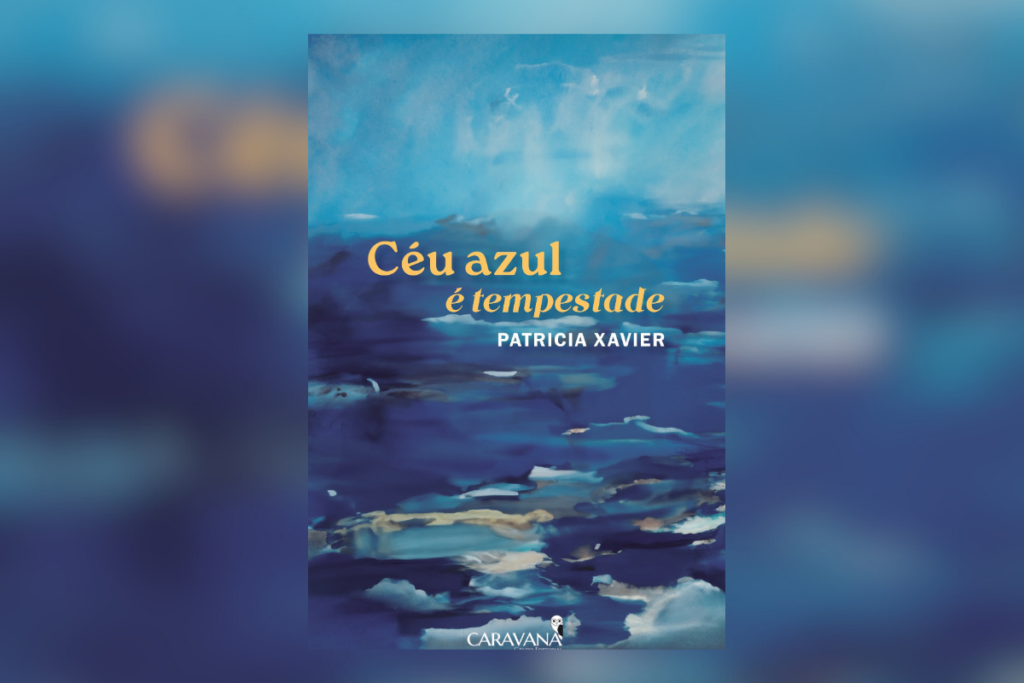 Capa do livro "Céu Azul é Tempestade", destacando uma pintura abstrata em tons de azul, remetendo a um céu nublado sobre o oceano