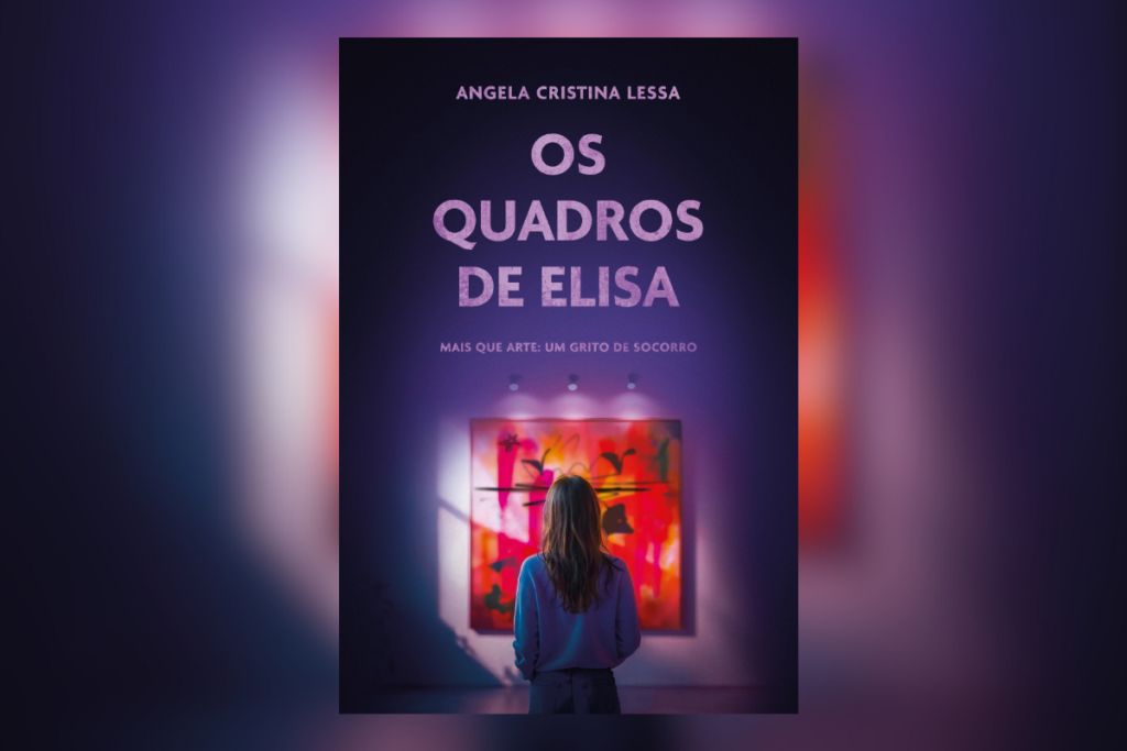 Capa do livro "Os Quadros de Elisa", retratando uma mulher de costas observando um quadro colorido em uma galeria de arte