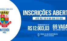 Banner com informações sobre inscrições abertas para o concurso público e uma imagem do brasão da Prefeitura de Niterói