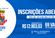 Banner com informações sobre inscrições abertas para o concurso público e uma imagem do brasão da Prefeitura de Niterói