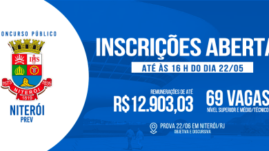 Banner com informações sobre inscrições abertas para o concurso público e uma imagem do brasão da Prefeitura de Niterói