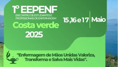Cartaz com descrição do primeiro Encontro de Estudantes e Profissionais de Enfermagem da Costa Verde sob a temática “Enfermagem de mãos unidas valoriza, transforma e salva mais vidas”
