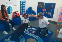 Profissional do Grupamento de Ações com Cães da Guarda Municipal de Mangaratiba orienta uma aluna durante atividade