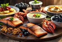 Um banquete de sabores frescos: salmão grelhado, lagosta, frutas e panquecas artesanais
