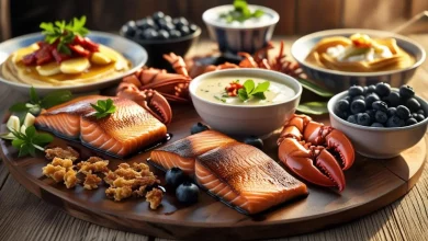 Um banquete de sabores frescos: salmão grelhado, lagosta, frutas e panquecas artesanais