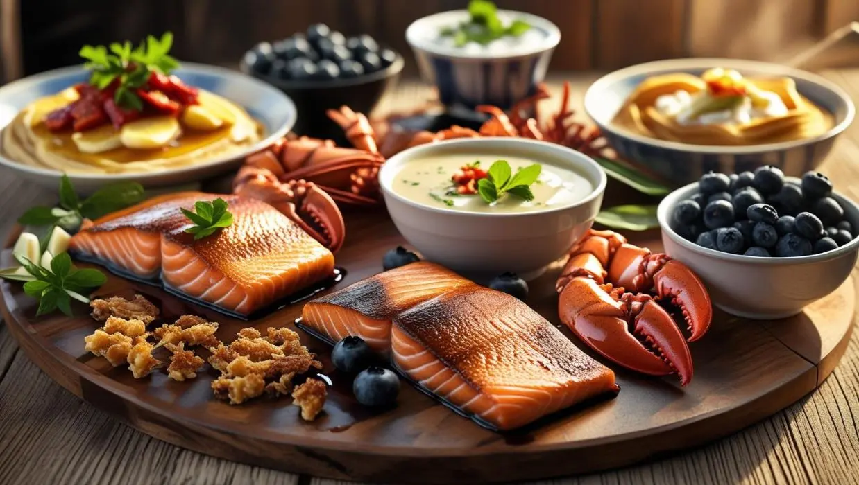 Um banquete de sabores frescos: salmão grelhado, lagosta, frutas e panquecas artesanais