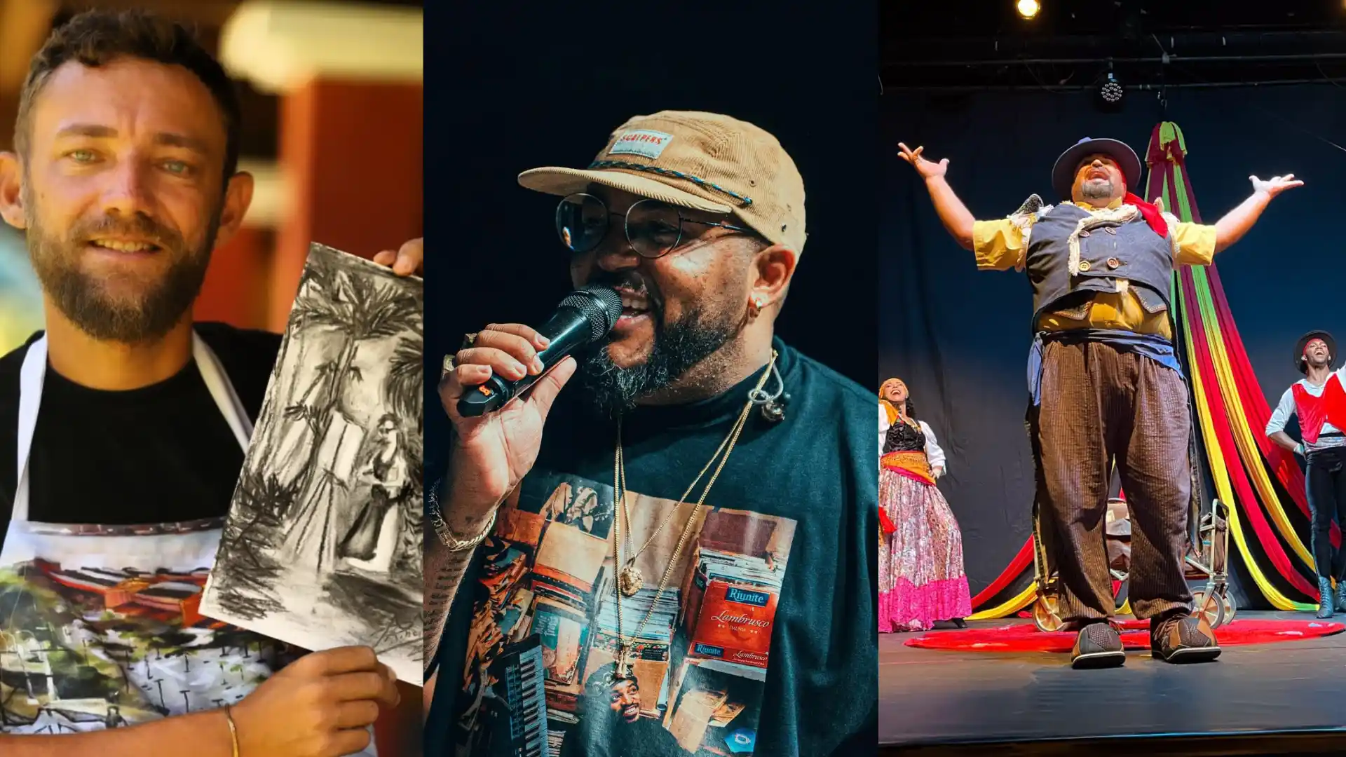Montagem com três imagens: – À esquerda, homem segura desenho em preto e branco. – No centro, homem com óculos e boné canta ao microfone sorrindo. – À direita, ator no palco em roupa colorida ergue os braços com expressão de entusiasmo.