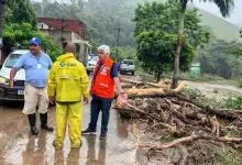 Equipes da Defesa Civil e representantes de órgãos públicos vistoriando área atingida