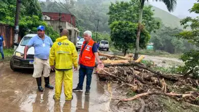Equipes da Defesa Civil e representantes de órgãos públicos vistoriando área atingida