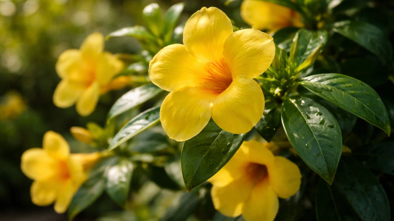 Quando o sol ultrapassa o limite, a alamanda-amarela emite sinais sutis de estresse