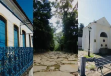 Casa com portas azuis, Estrada da Calçada com pavimento de pedras e Chafariz histórico em Itaguaí.