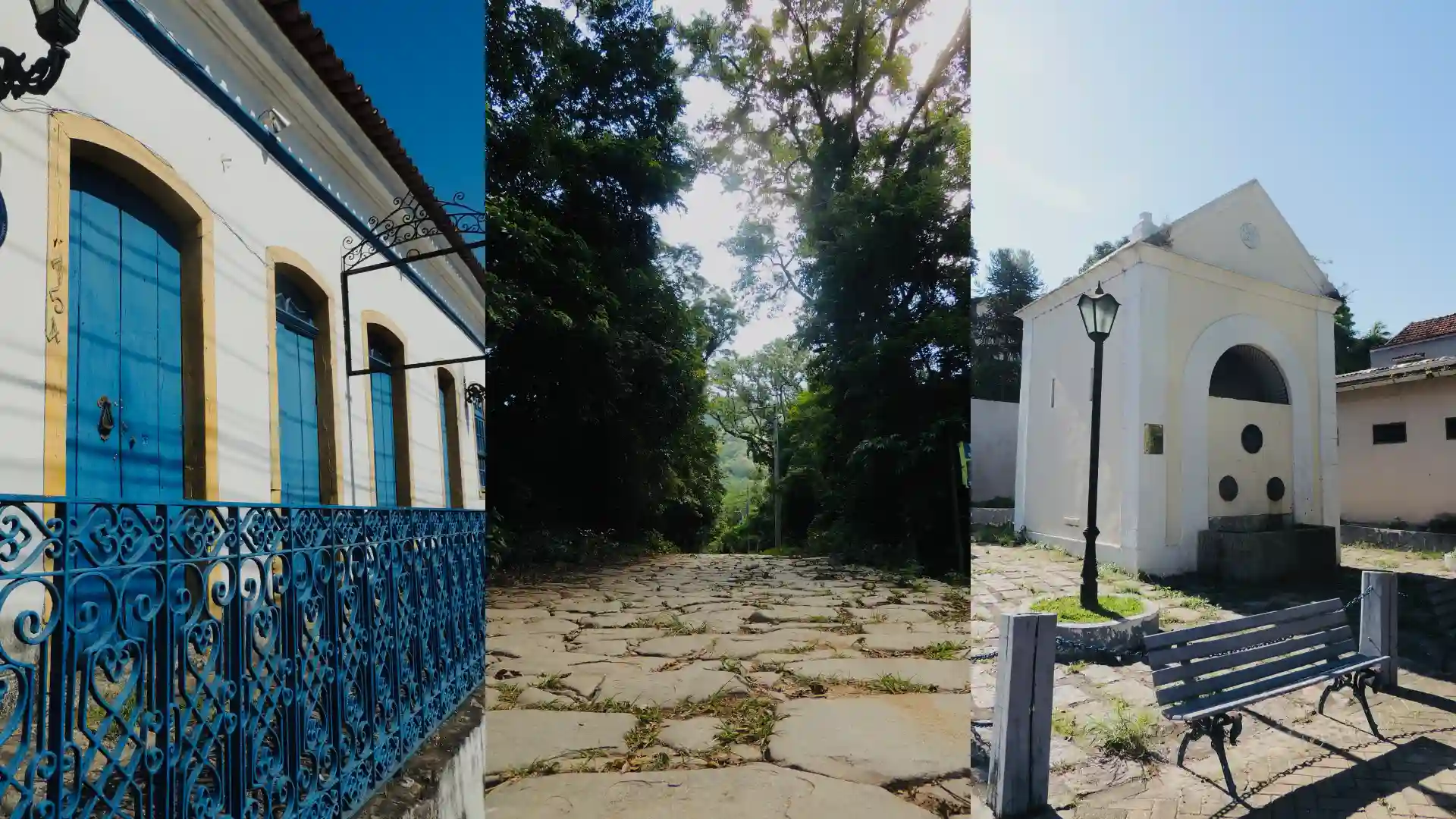 Casa com portas azuis, Estrada da Calçada com pavimento de pedras e Chafariz histórico em Itaguaí.