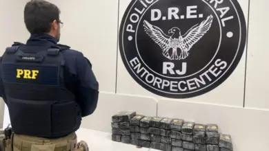 Agente da PRF observa droga apreendida