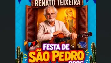 Arte da Festa de São Pedro com a imagem do cantor Renato Teixeira