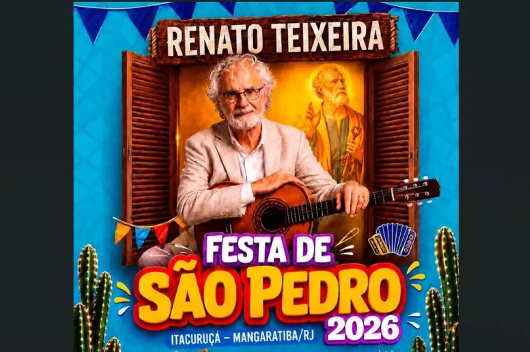 Arte da Festa de São Pedro com a imagem do cantor Renato Teixeira