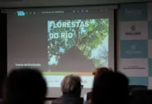 Foto do público assistindo um vídeo institucional do programa do Inea