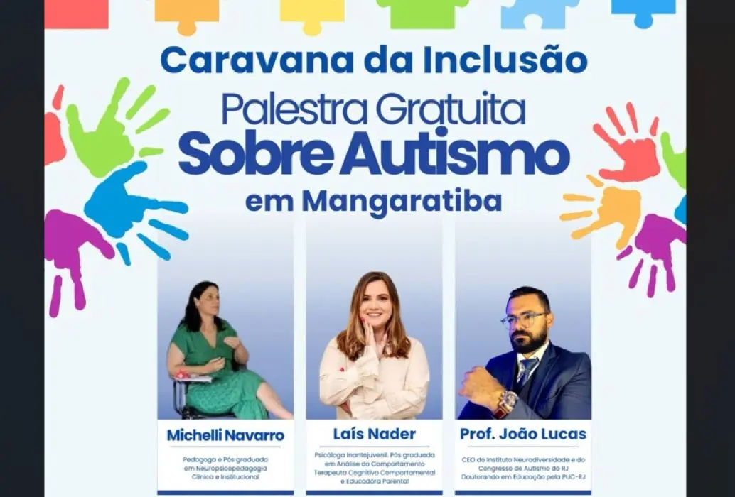 Arte do evento com a foto de três palestrantes
