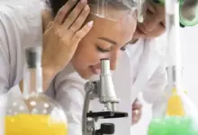 Cientista observando através do microscópio