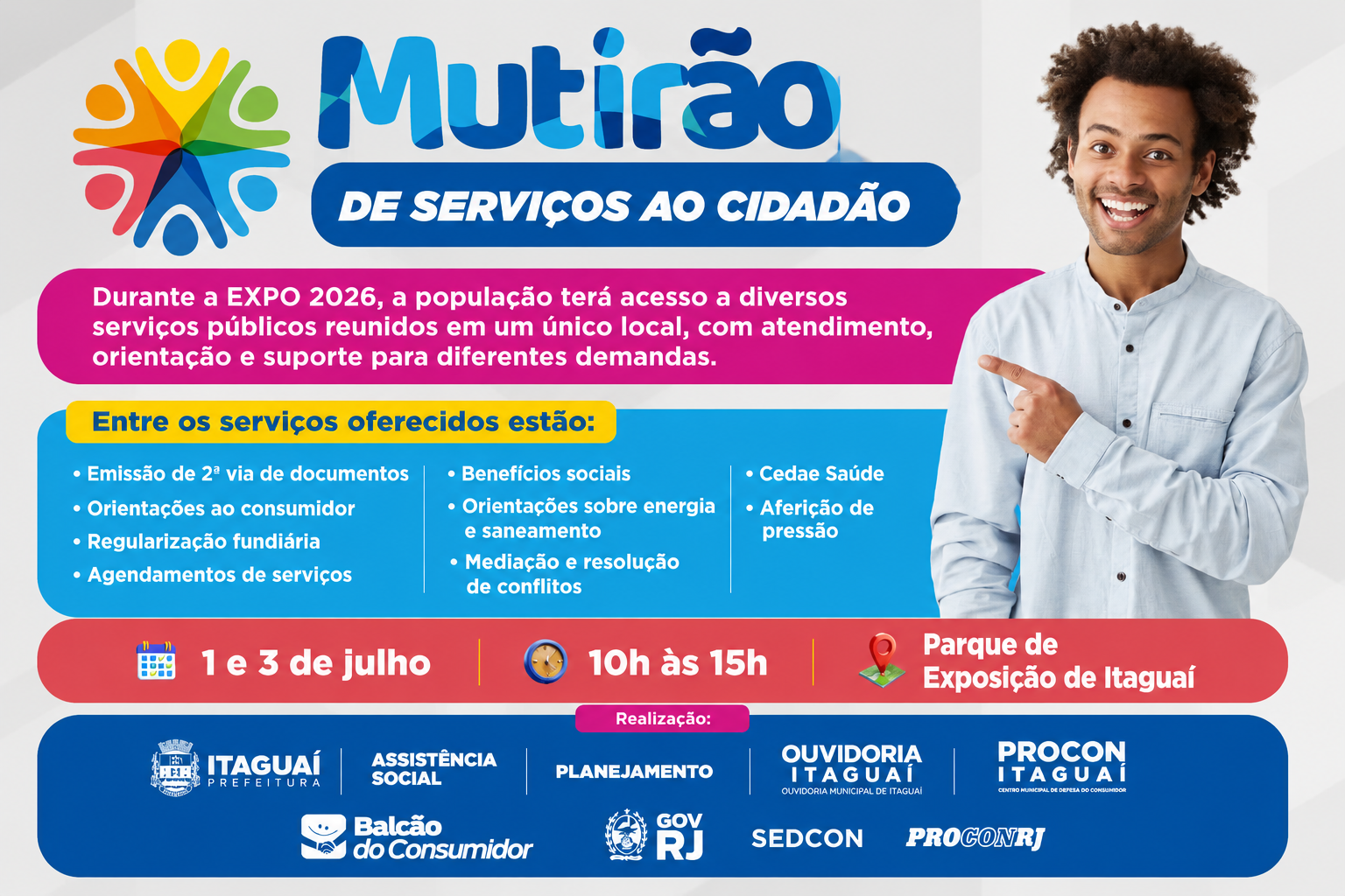 Moradores poderão acessar diversos serviços gratuitos durante a ação de cidadania promovida pela Prefeitura de Itaguaí na entrada da Expo Itaguaí 2026.