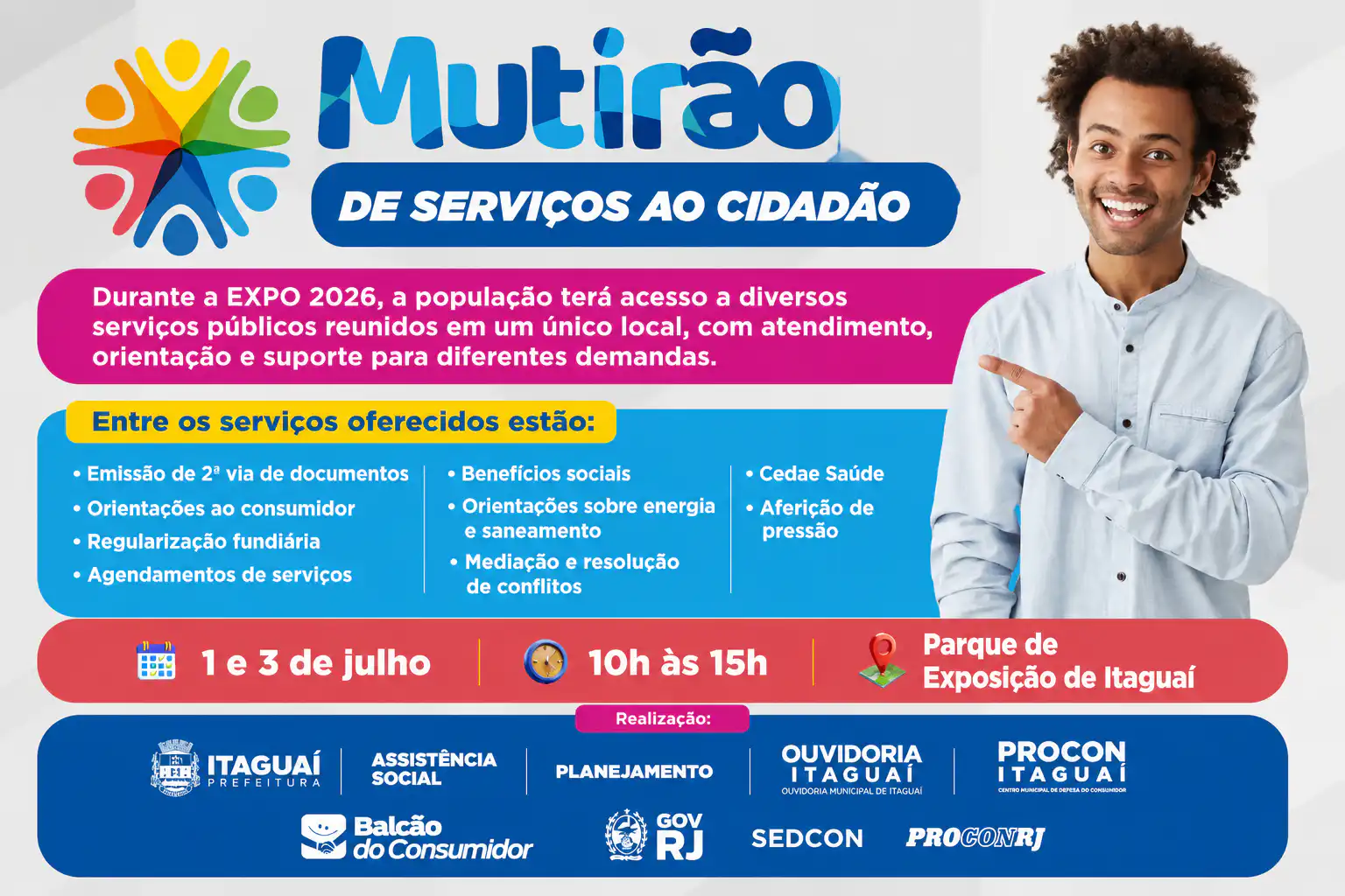 Moradores poderão acessar diversos serviços gratuitos durante a ação de cidadania promovida pela Prefeitura de Itaguaí na entrada da Expo Itaguaí 2026.