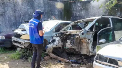Agente olhando carcaça de automóveis