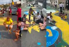 Alunos, professores e familiares participaram da pintura das ruas como parte do projeto “Copa 2026 e a Cultura”, que une educação, integração social e o espírito da Copa do Mundo.