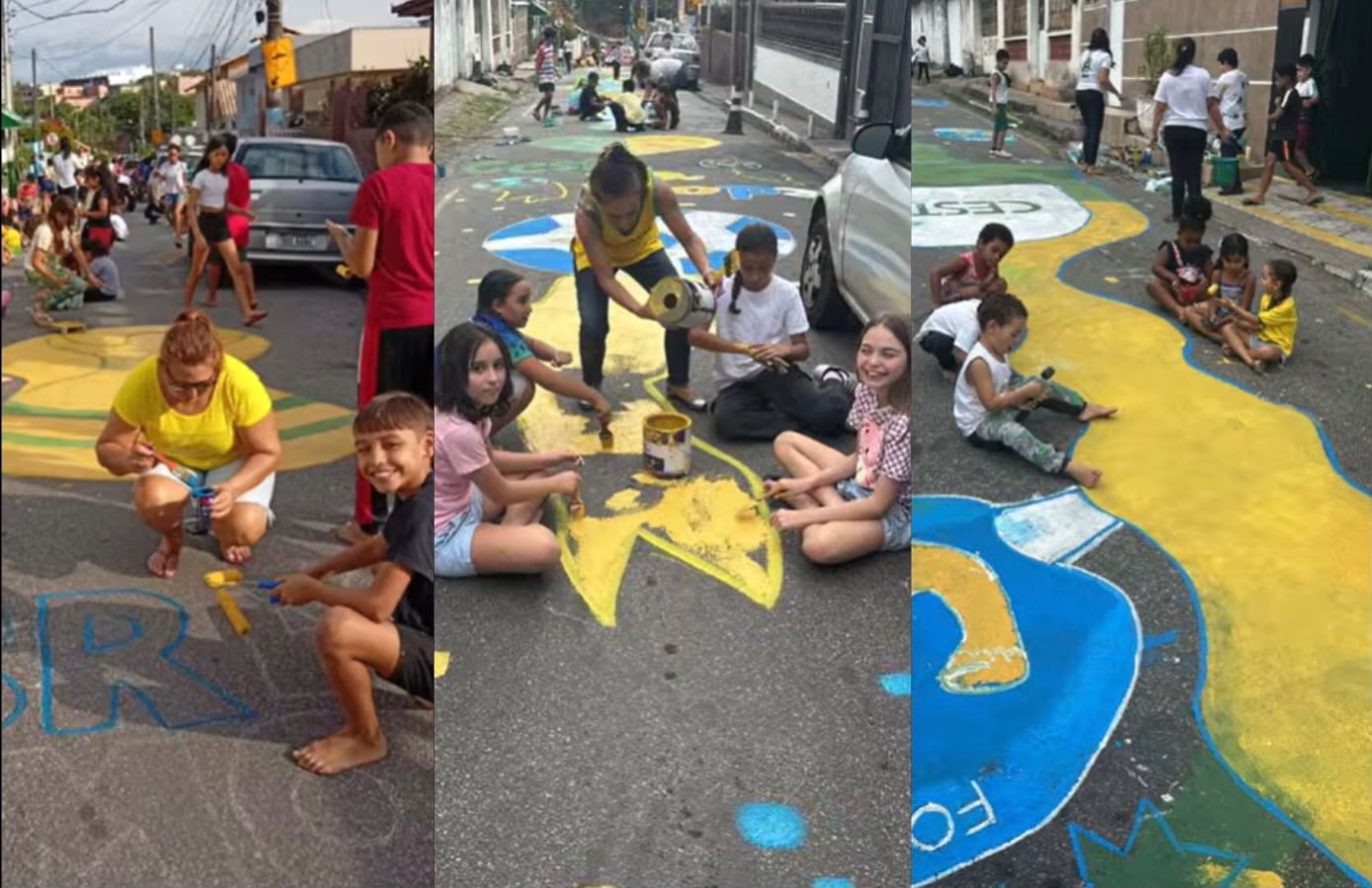 Alunos, professores e familiares participaram da pintura das ruas como parte do projeto “Copa 2026 e a Cultura”, que une educação, integração social e o espírito da Copa do Mundo.