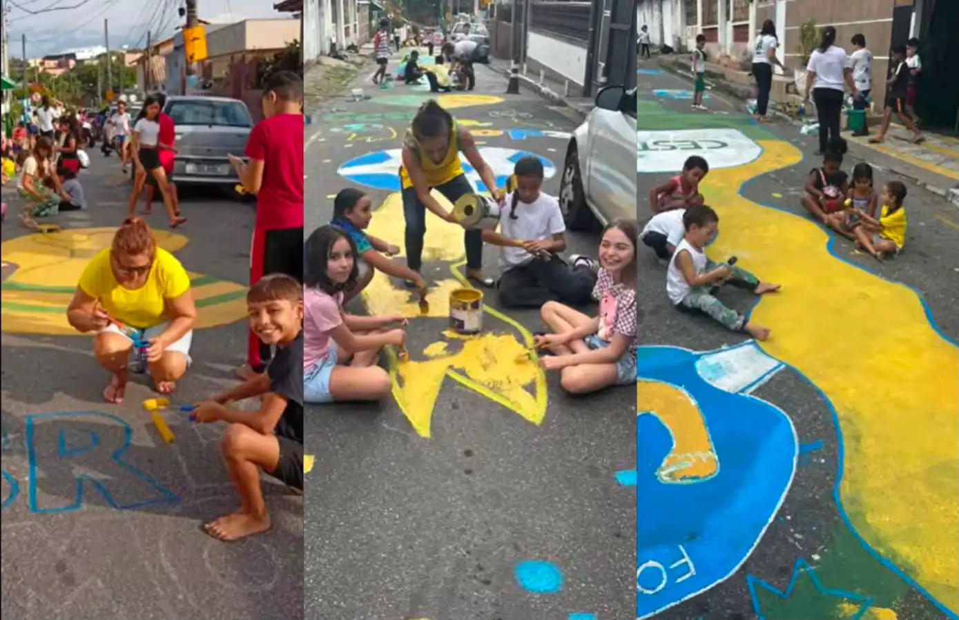 Alunos, professores e familiares participaram da pintura das ruas como parte do projeto “Copa 2026 e a Cultura”, que une educação, integração social e o espírito da Copa do Mundo.