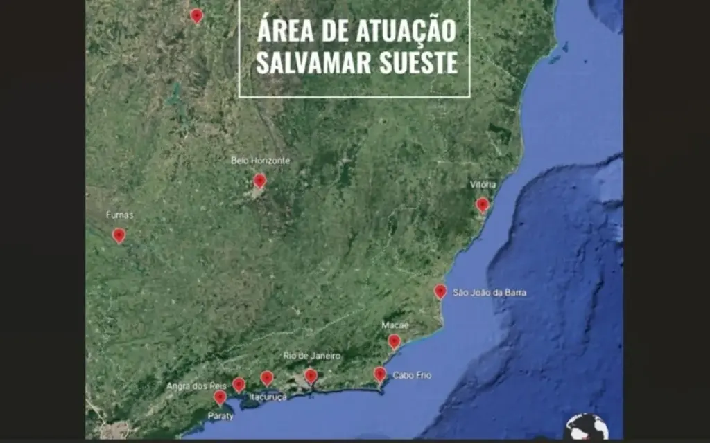 Mapa destaca a área de atuação do Salvamar Sueste, responsável pela coordenação das operações de Busca e Salvamento e pelo monitoramento do tráfego marítimo
