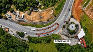 Imagem aérea mostra o retorno localizado no km 233 da Via Dutra