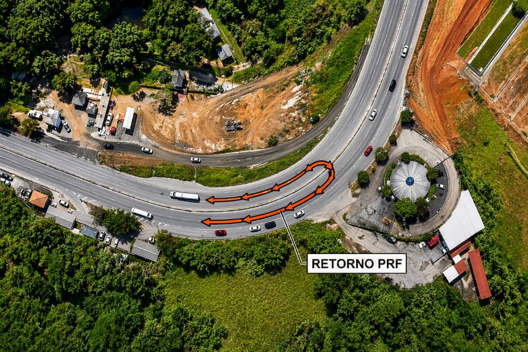 Imagem aérea mostra o retorno localizado no km 233 da Via Dutra