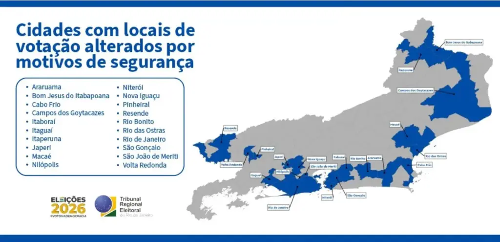 Mapa mostra os 20 municípios do Rio de Janeiro que tiveram locais de votação alterados pelo TRE-RJ