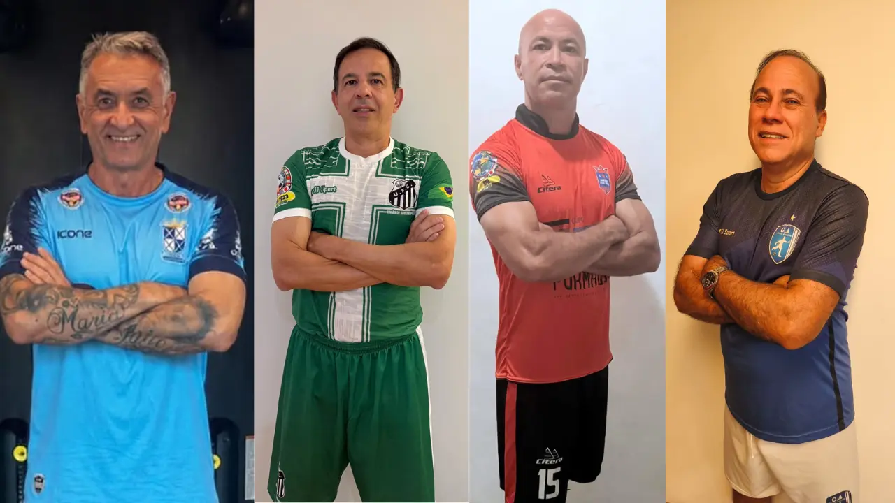 Montagem de quatro homens posando para foto