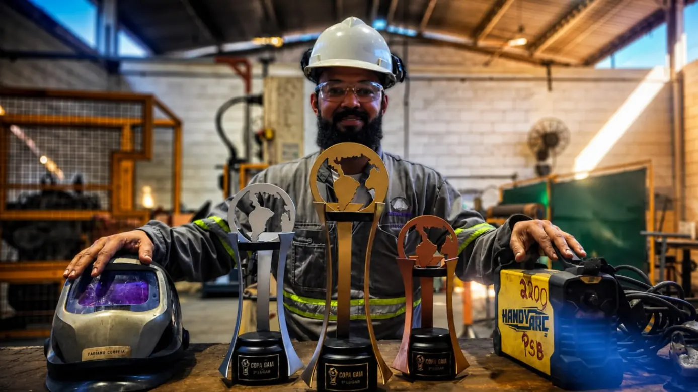 Colaborador exibindo troféu confeccionado por ele