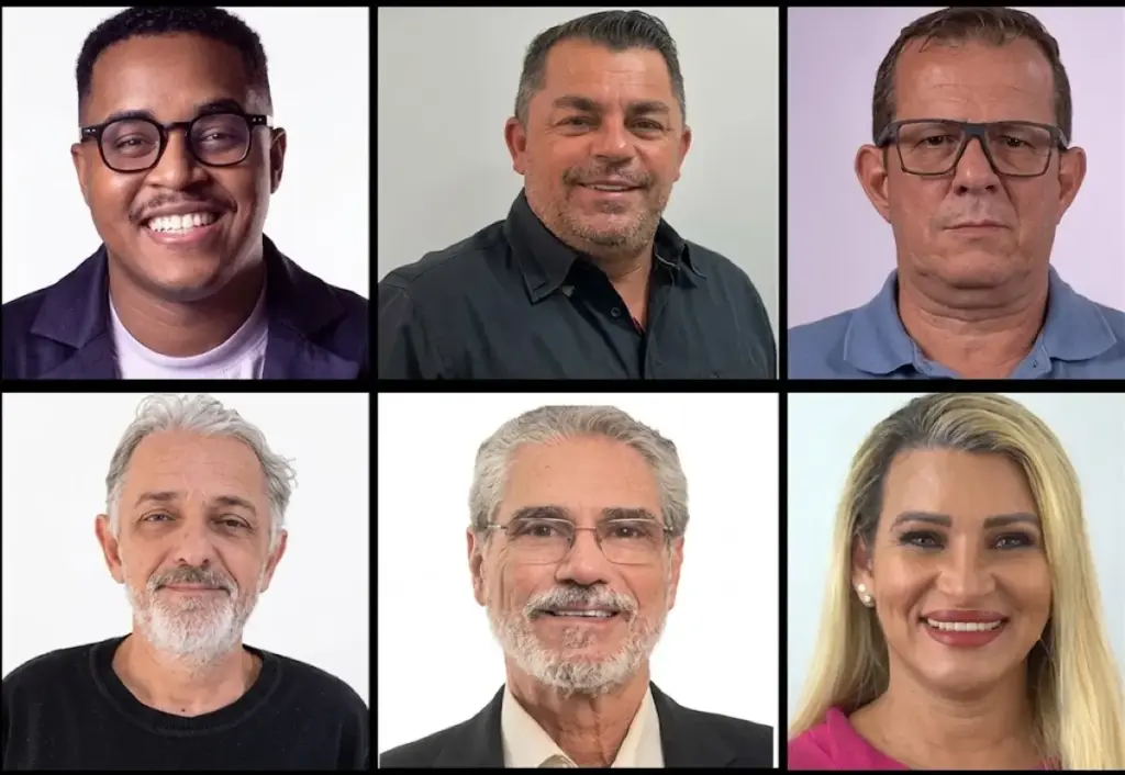 Montagem com seis retratos de candidatos à Prefeitura de Itaguaí, dispostos em duas fileiras de três pessoas. Na sequência Adiel dos Santos, Chiquinho do Transporte, Fabinho Taciano na primeira linha, Beto do Posto, Dr. Paulo Wesley e Dany Van Tol na segunda.