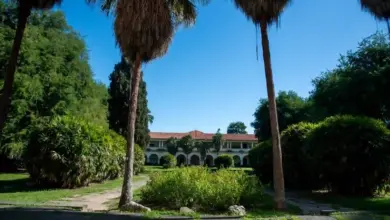 Prédio histórico da Universidade Rural com varanda em arcos, cercado por jardim, palmeiras e vegetação.