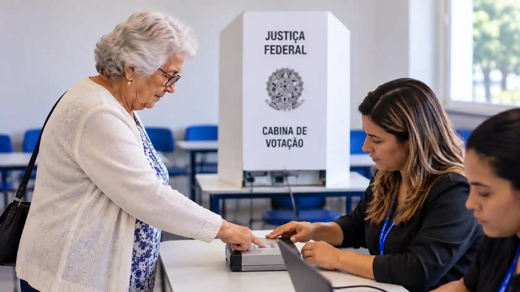 Na foto gerada por IA, Mulher idosa realiza biometria em seção eleitoral, diante da mesa receptora com duas mesárias, com cabine de votação ao fundo.