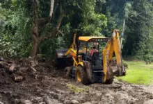 Máquina trabalha na limpeza e no nivelamento do terreno