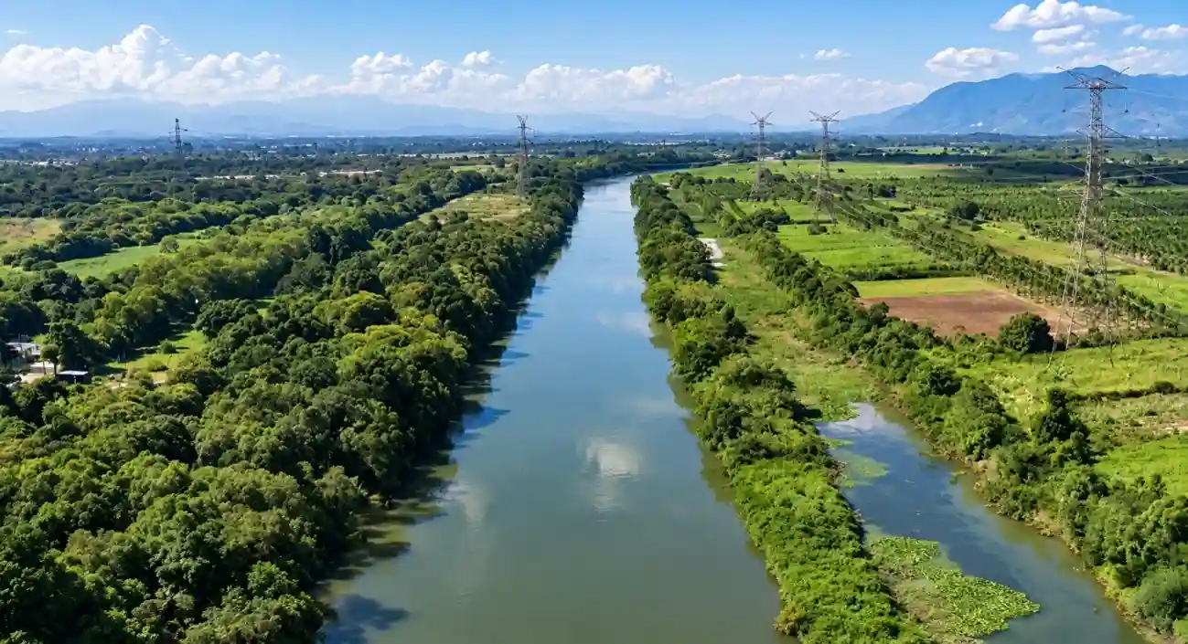 Vista aérea do Rio Guandu, cercado por áreas de vegetação, campos e linhas de transmissão de energia, com montanhas ao fundo.