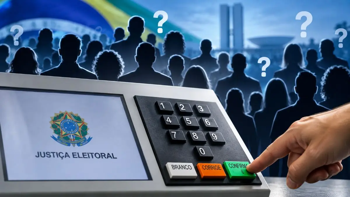 Ilustração mostra urna eletrônica em primeiro plano e diversas silhuetas de pessoas ao fundo, acompanhadas por pontos de interrogação.