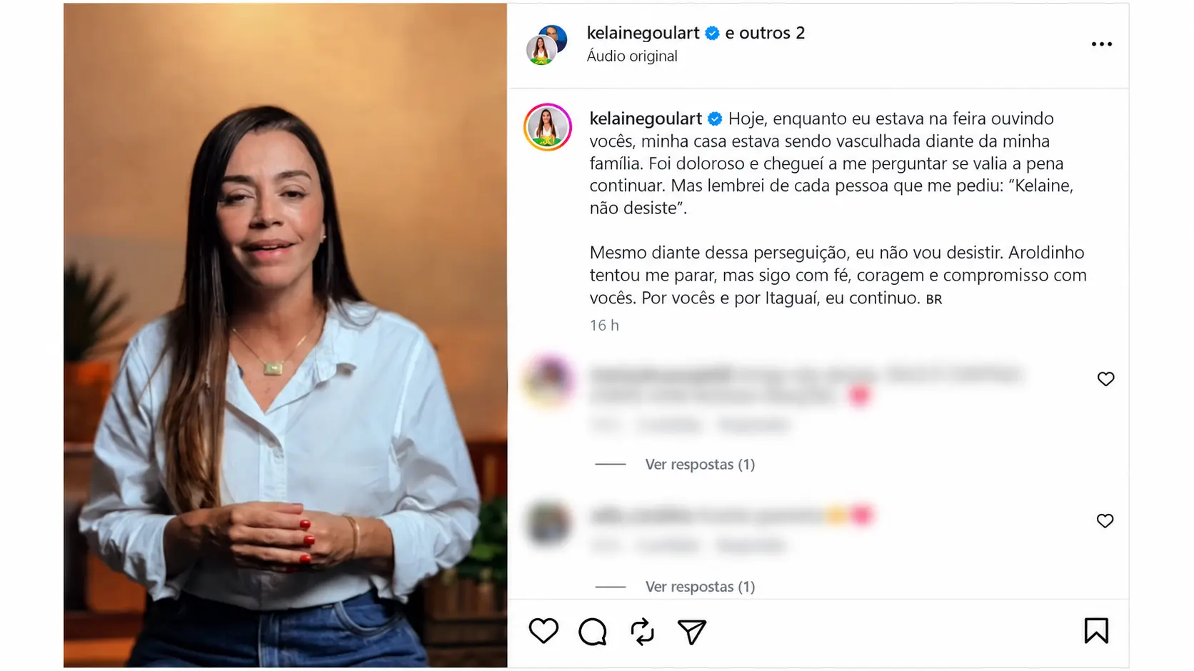 Kelaine Goulart, de camisa azul-clara, em vídeo no Instagram sobre a decisão judicial, com a legenda da publicação ao lado e dois comentários borrados.